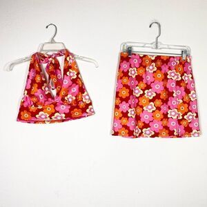 Shein Pink & Red 70’s Style Floral Skirt and Halter Tank Crop Top Set Size L
